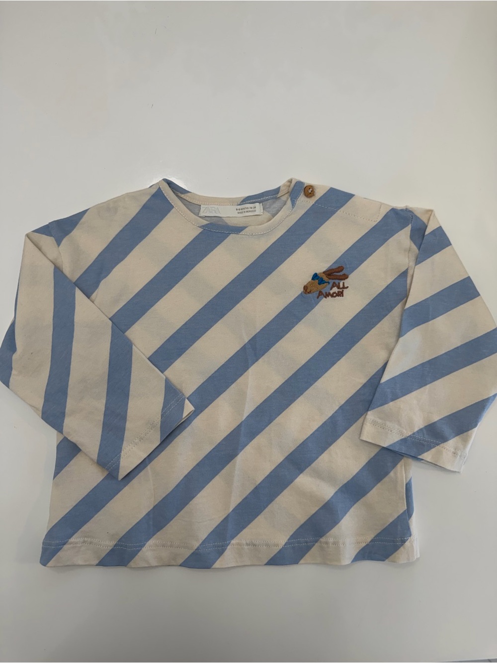 NWOT ZARA Kids Diagonal Light Blue & Cream Striped Long Sleeve Tee